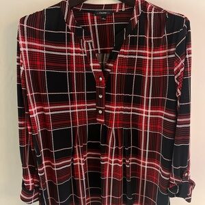 Cocomo Top Womens L Red Plaid Jersey Knit Tunic Pleated  Academia 3/4 sleeve